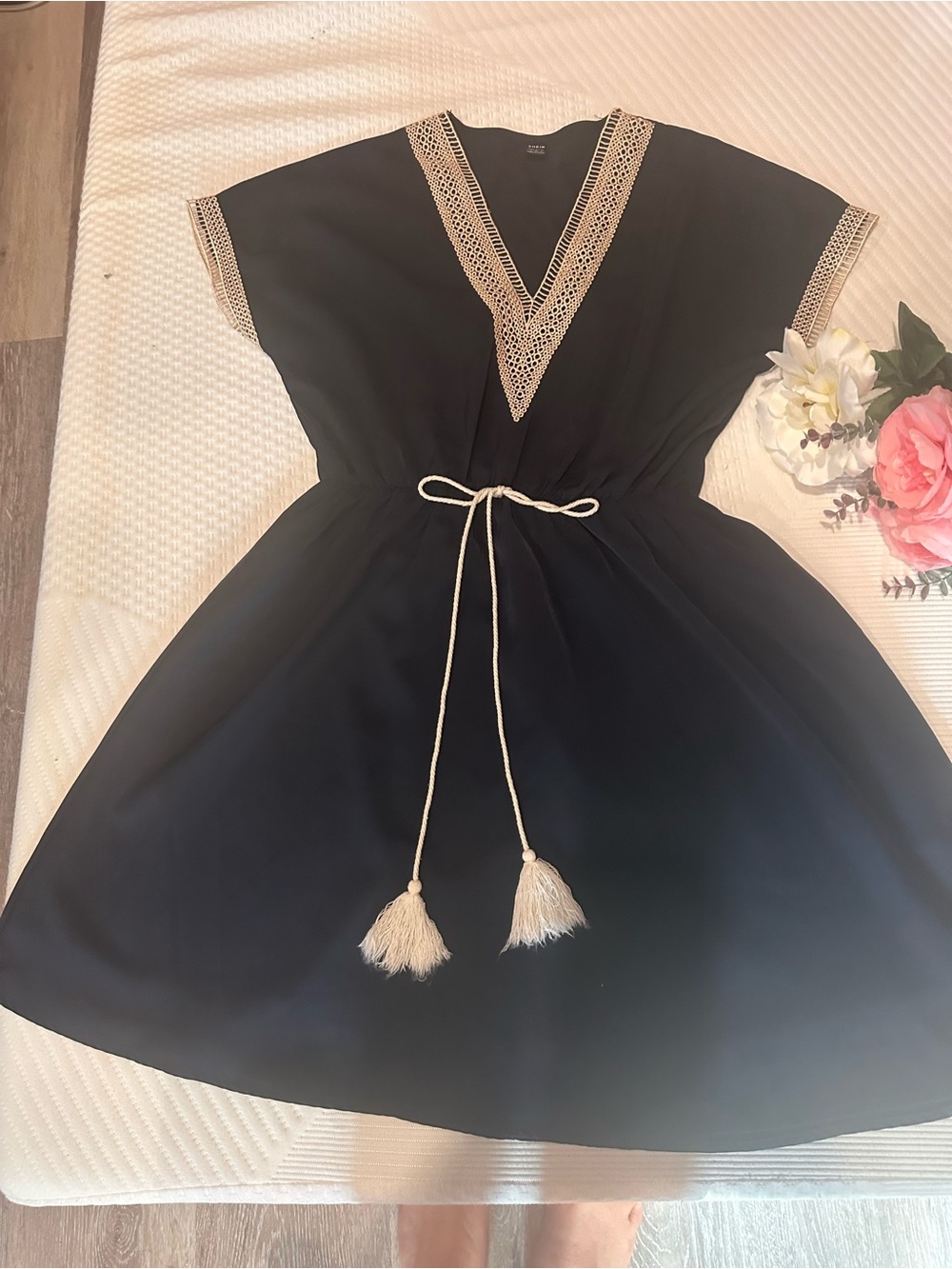 SHEIN Black Dress with Cream Crochet Trim and Tassel Belt